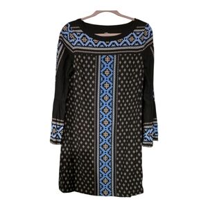 LOFT Black Dress with Blue and White Patterns